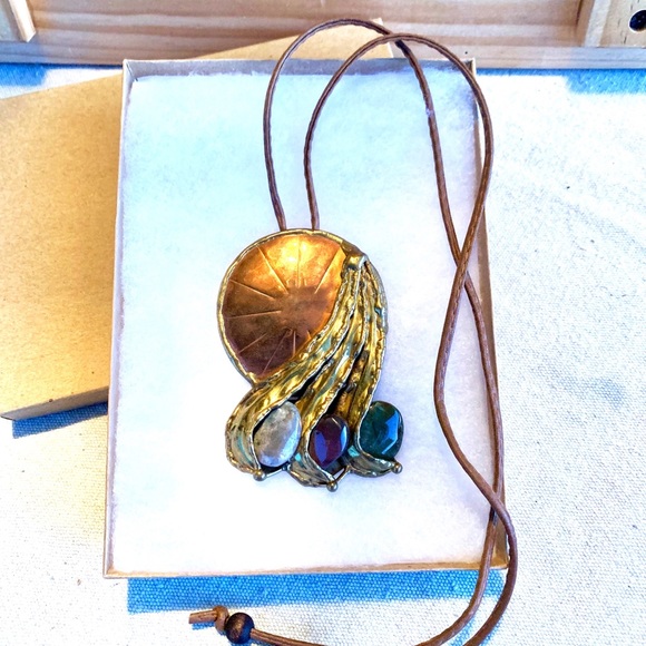 Vintage Art Deco Eclectic Metal & Stone Retro 2-in-1 Pendant & Brooch Necklace - Picture 7 of 10